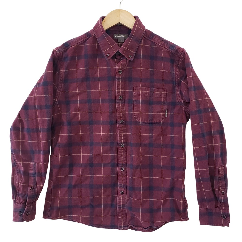 Eddie Bauer Flannel Shirt Mens Medium Burgundy Plaid Classic Fit Cotton Gorpcore